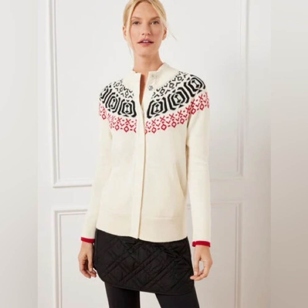 Talbots Ivory, Black & Red Merino Wool‑Blend Cardigan – Size Small (NWT)